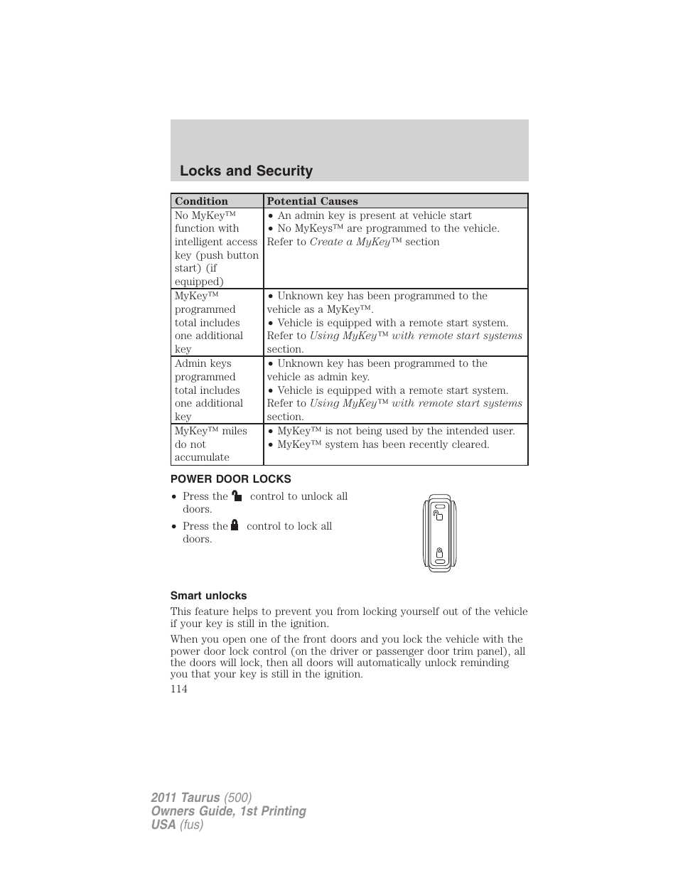 Power door locks, Smart unlocks, Locks | Locks and security | FORD 2011 Taurus v.1 User Manual | Page 114 / 406