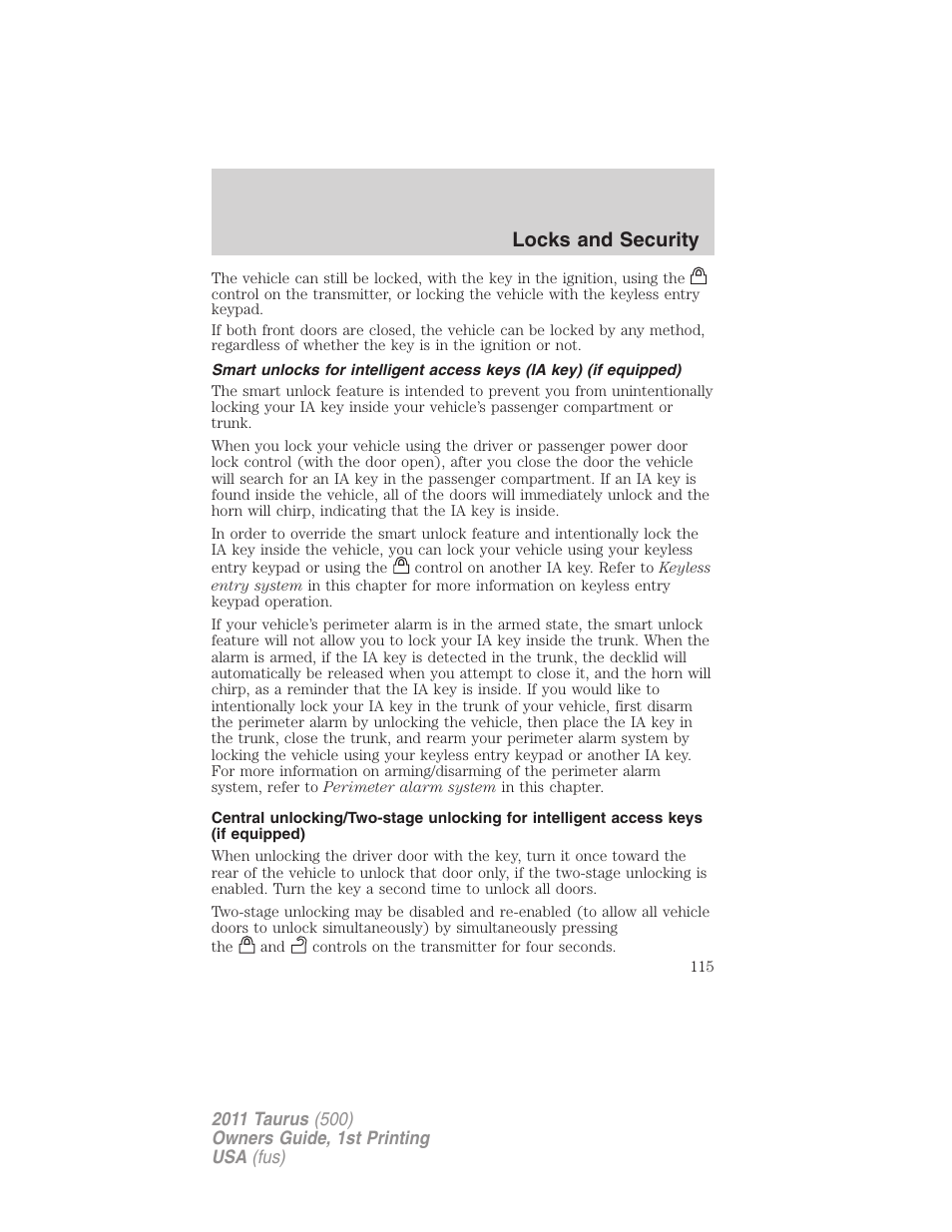 Locks and security | FORD 2011 Taurus v.1 User Manual | Page 115 / 406