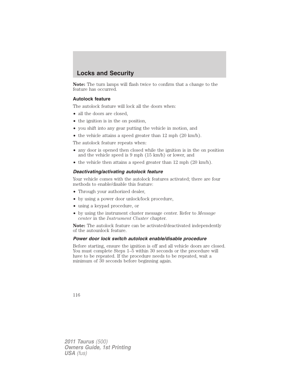 Autolock feature, Deactivating/activating autolock feature, Locks and security | FORD 2011 Taurus v.1 User Manual | Page 116 / 406