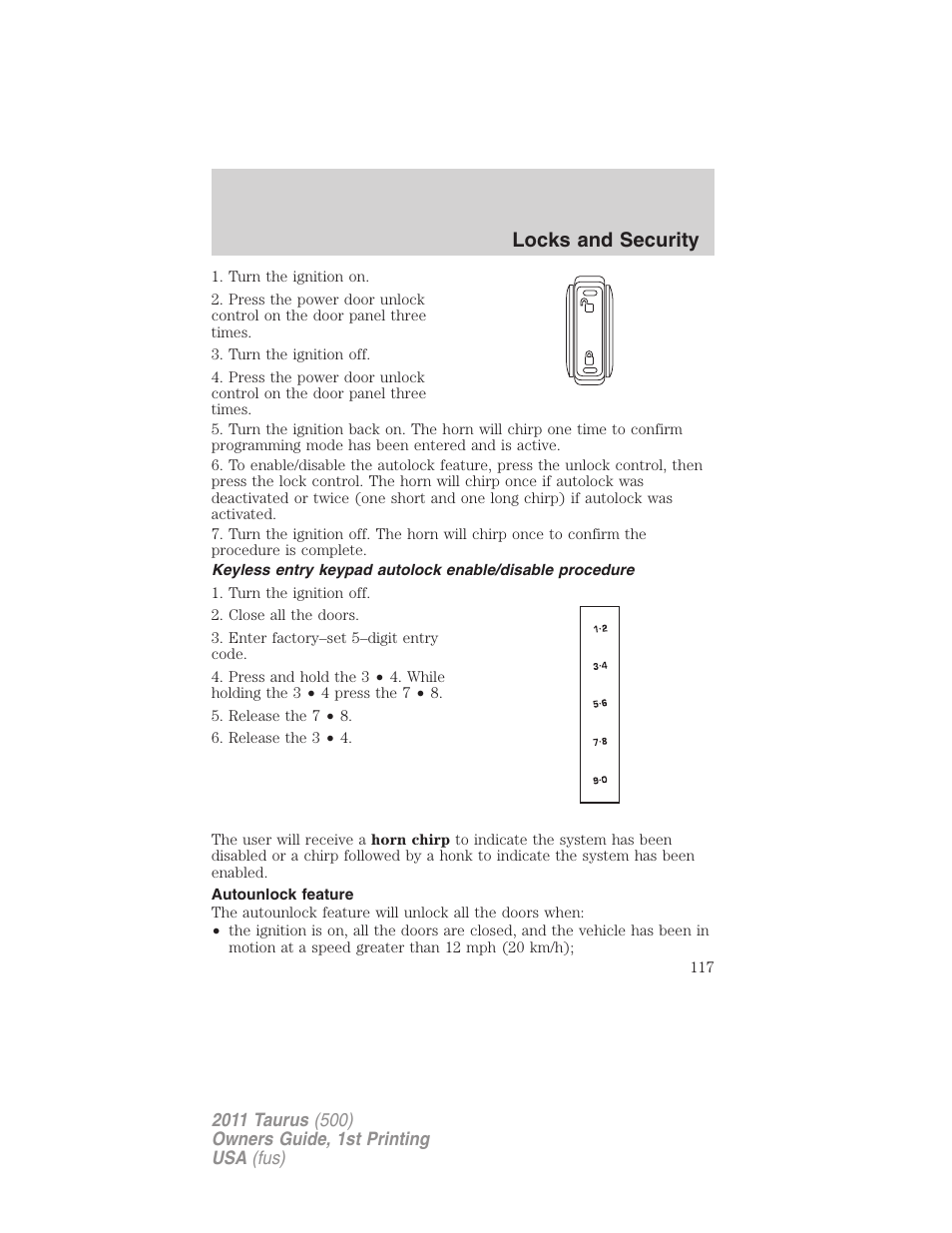 Autounlock feature, Locks and security | FORD 2011 Taurus v.1 User Manual | Page 117 / 406