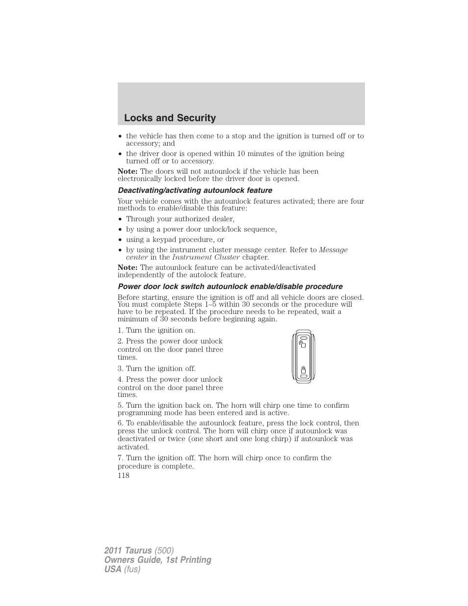 Deactivating/activating autounlock feature, Locks and security | FORD 2011 Taurus v.1 User Manual | Page 118 / 406