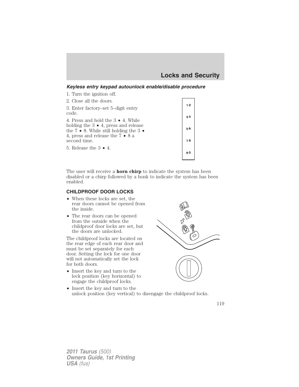 Childproof door locks, Locks and security | FORD 2011 Taurus v.1 User Manual | Page 119 / 406