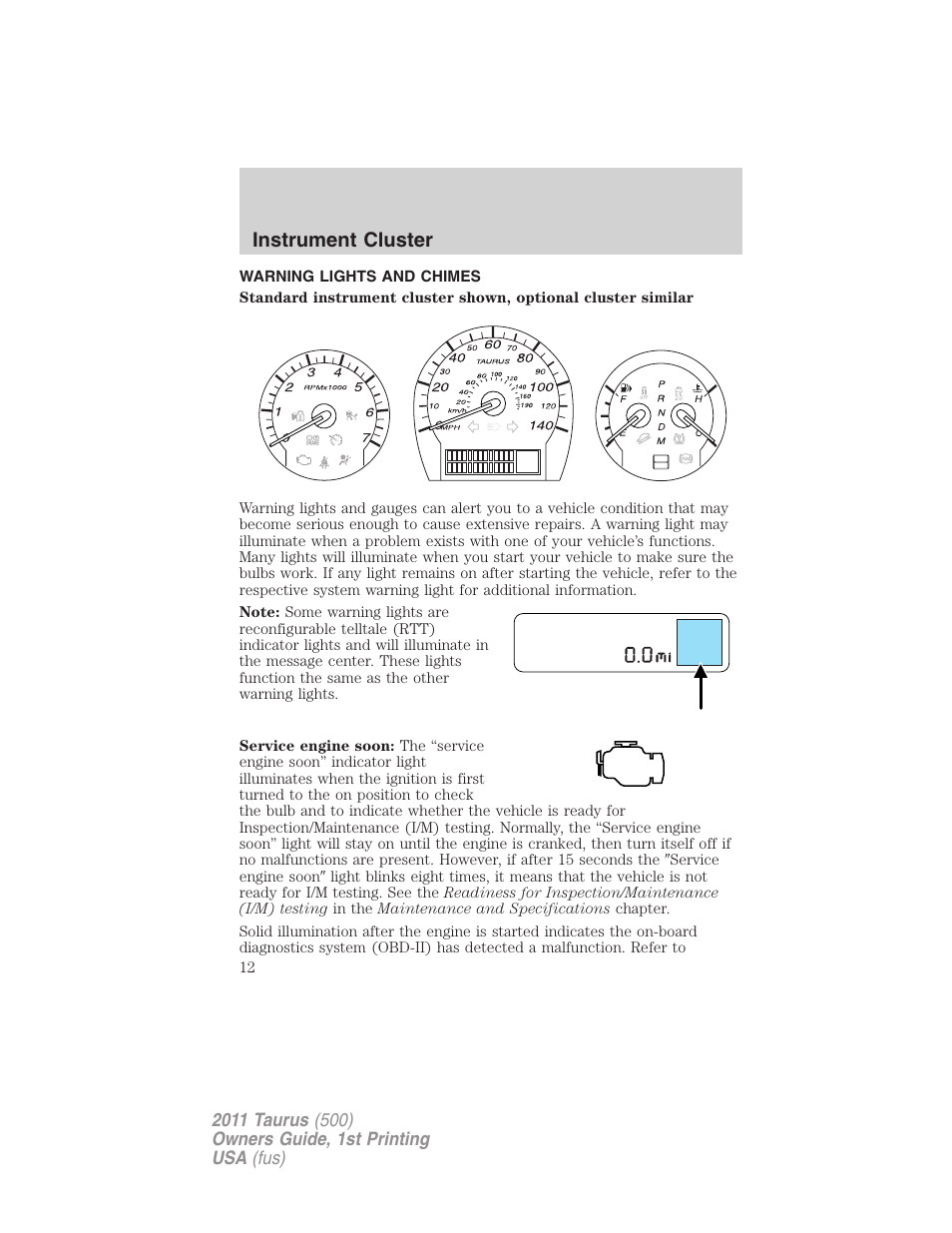 Instrument cluster, Warning lights and chimes | FORD 2011 Taurus v.1 User Manual | Page 12 / 406