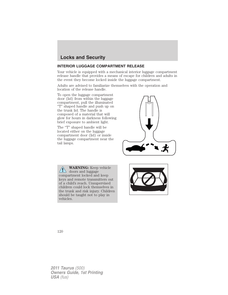 Interior luggage compartment release, Locks and security | FORD 2011 Taurus v.1 User Manual | Page 120 / 406