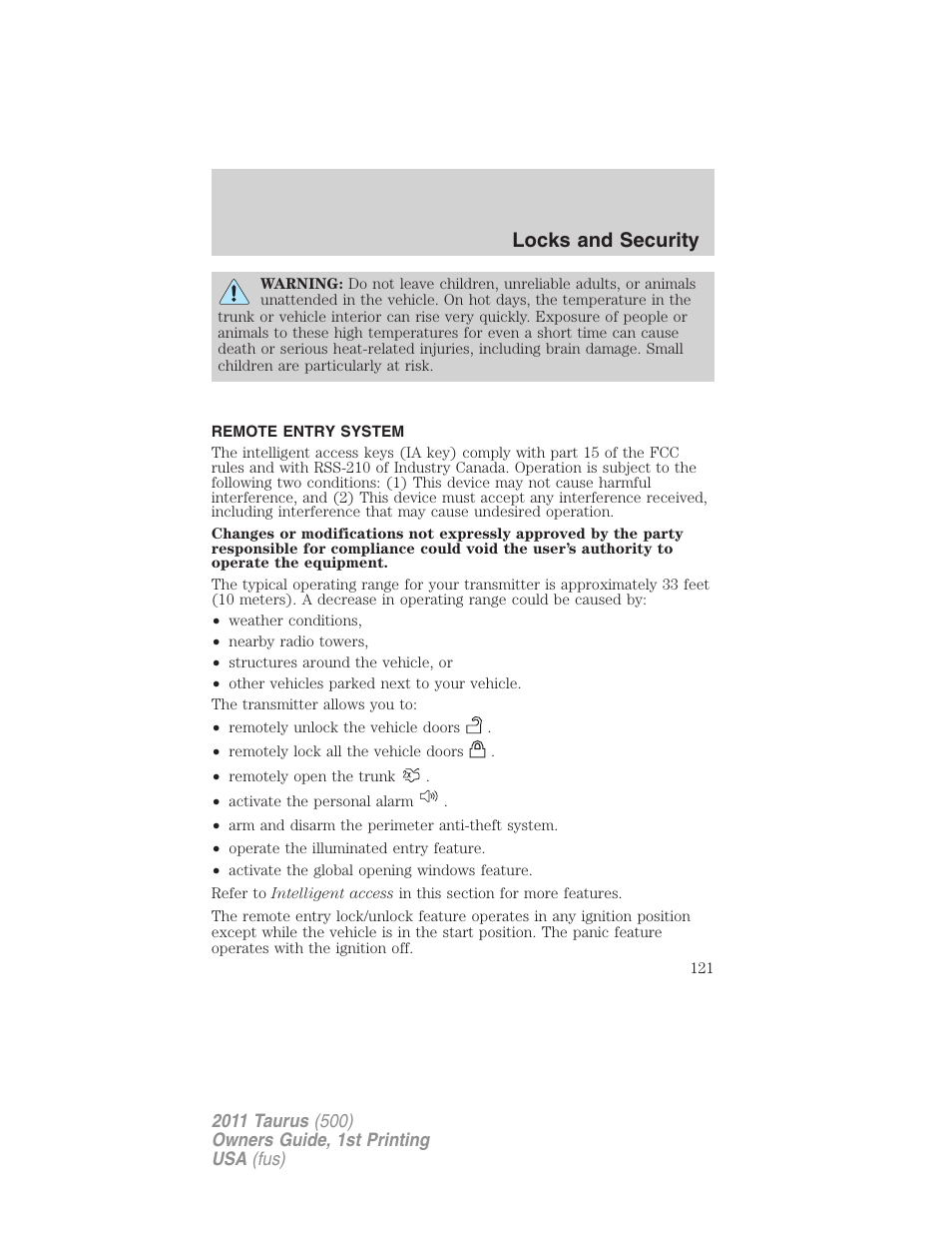 Remote entry system, Locks and security | FORD 2011 Taurus v.1 User Manual | Page 121 / 406