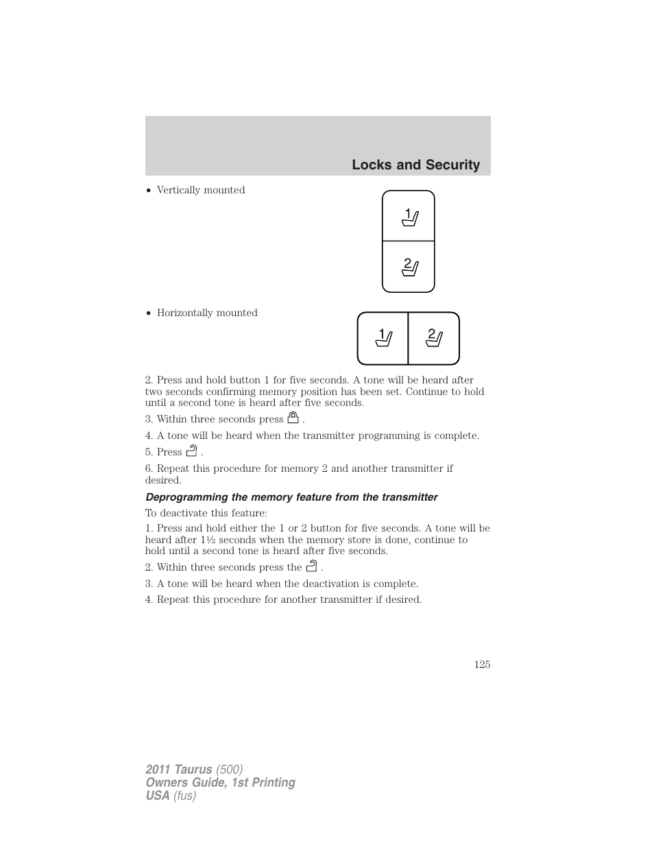 Locks and security | FORD 2011 Taurus v.1 User Manual | Page 125 / 406