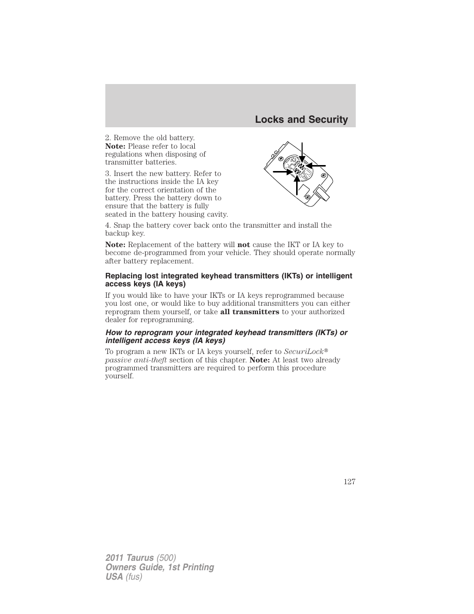 Locks and security | FORD 2011 Taurus v.1 User Manual | Page 127 / 406