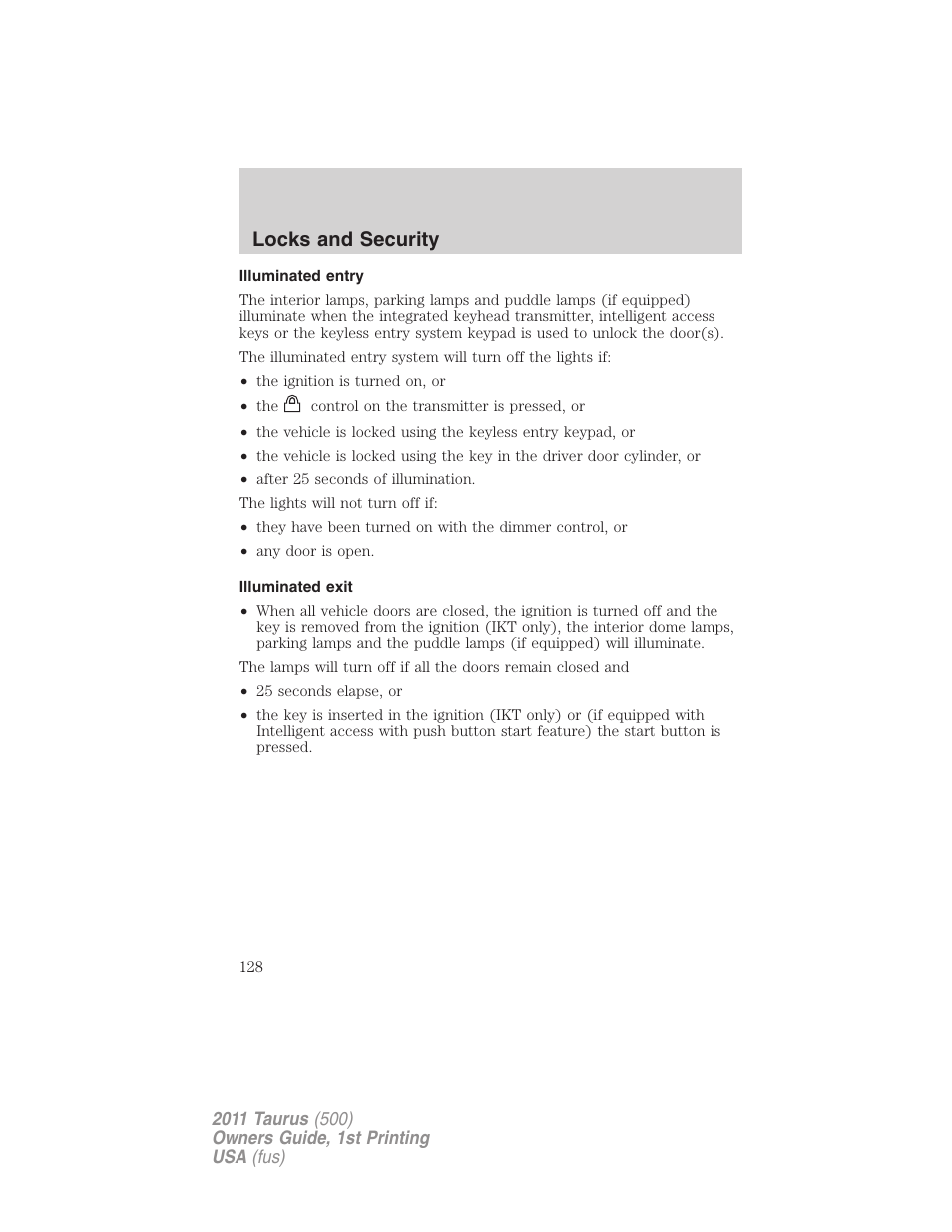 Illuminated entry, Illuminated exit, Locks and security | FORD 2011 Taurus v.1 User Manual | Page 128 / 406