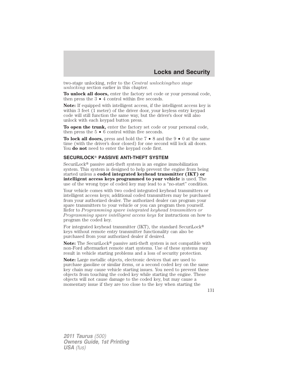 Securilock passive anti-theft system, Anti-theft system, Locks and security | FORD 2011 Taurus v.1 User Manual | Page 131 / 406