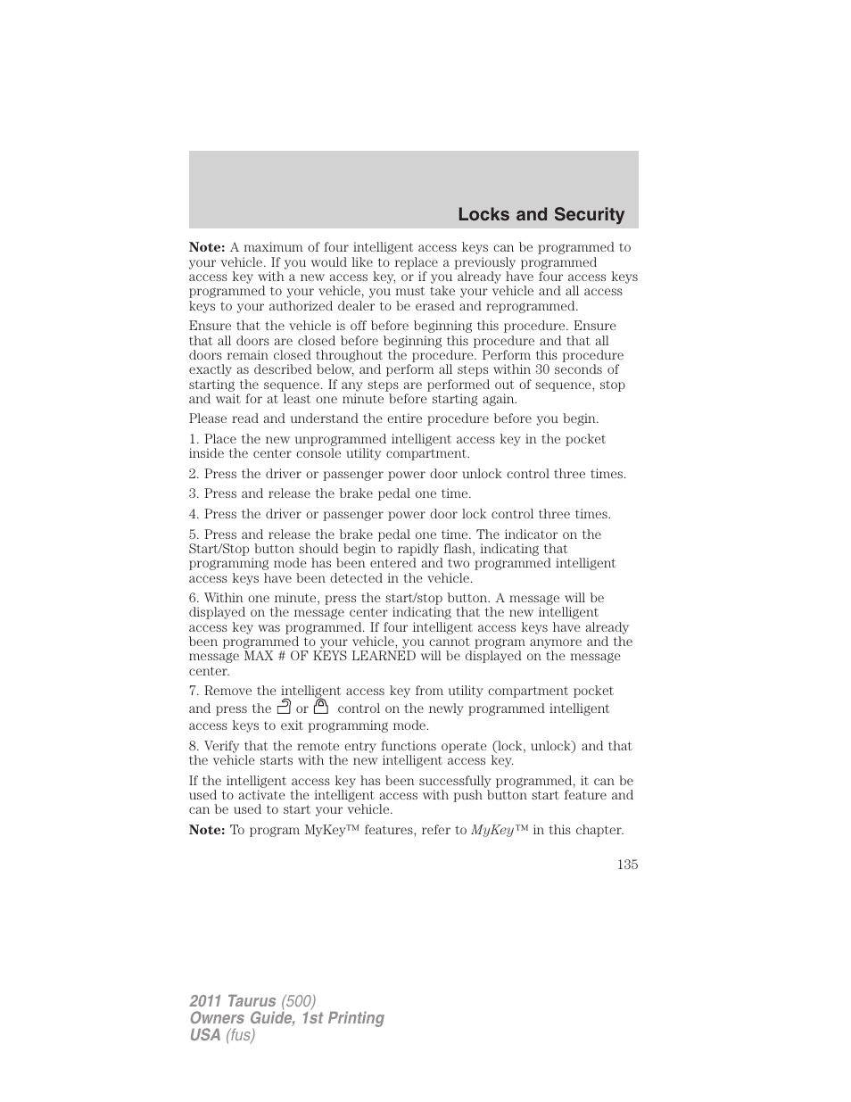 Locks and security | FORD 2011 Taurus v.1 User Manual | Page 135 / 406