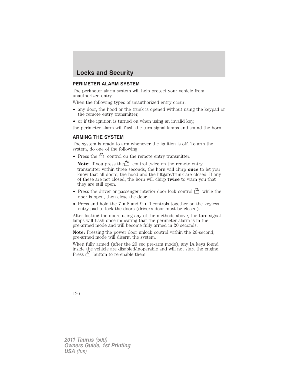 Perimeter alarm system, Arming the system, Locks and security | FORD 2011 Taurus v.1 User Manual | Page 136 / 406