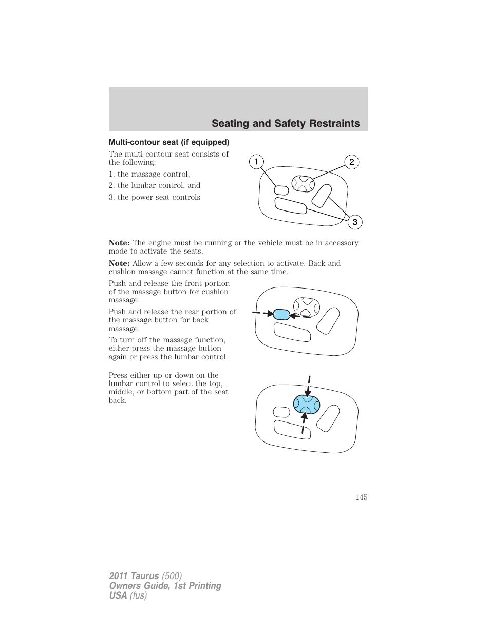 Multi-contour seat (if equipped), Seating and safety restraints | FORD 2011 Taurus v.1 User Manual | Page 145 / 406