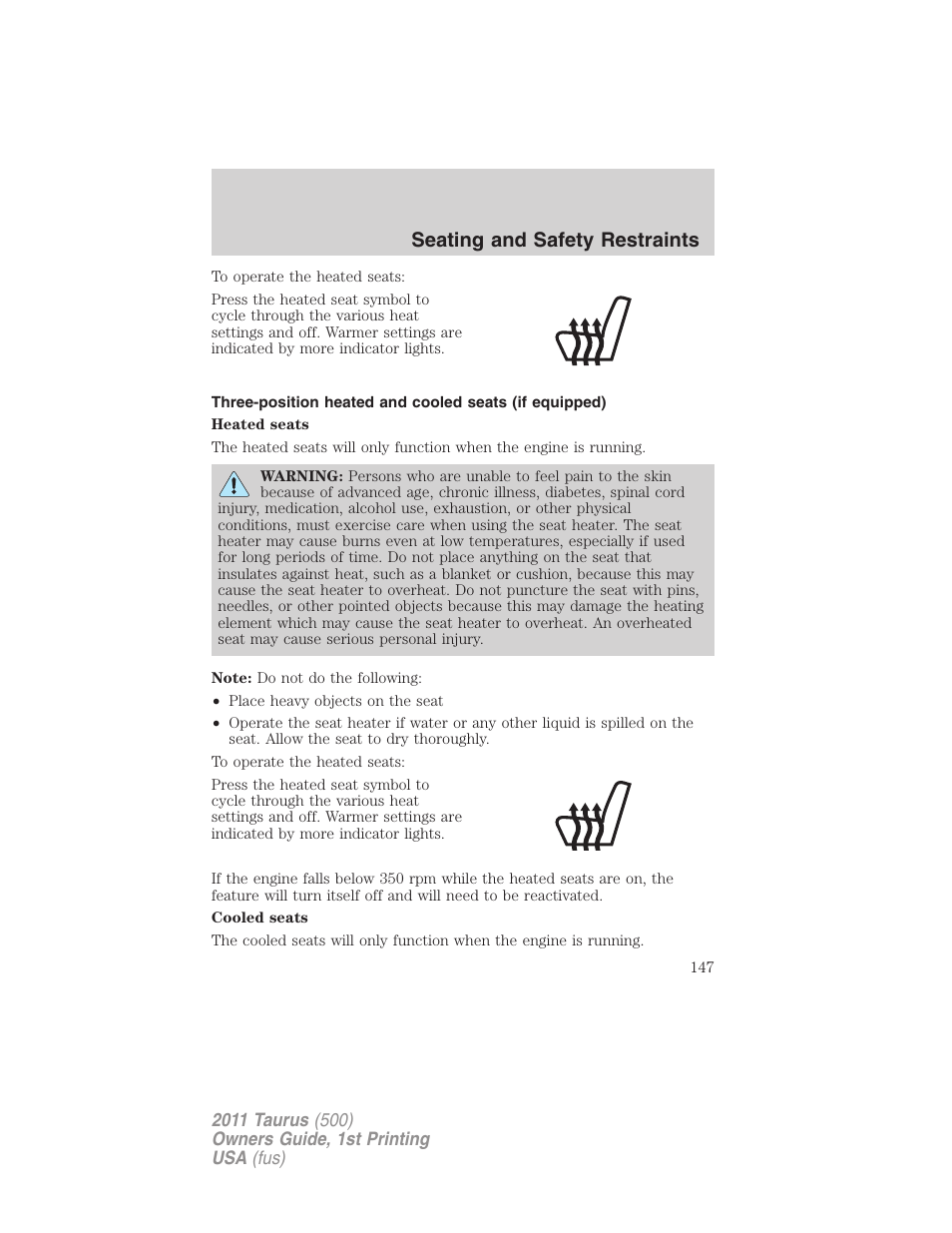 Seating and safety restraints | FORD 2011 Taurus v.1 User Manual | Page 147 / 406