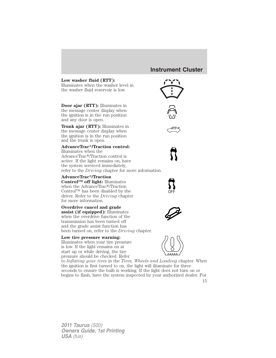 Instrument cluster | FORD 2011 Taurus v.1 User Manual | Page 15 / 406