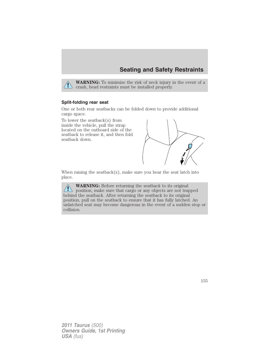 Split-folding rear seat, Seating and safety restraints | FORD 2011 Taurus v.1 User Manual | Page 155 / 406