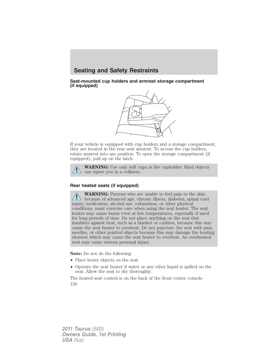 Rear heated seats (if equipped), Seating and safety restraints | FORD 2011 Taurus v.1 User Manual | Page 156 / 406