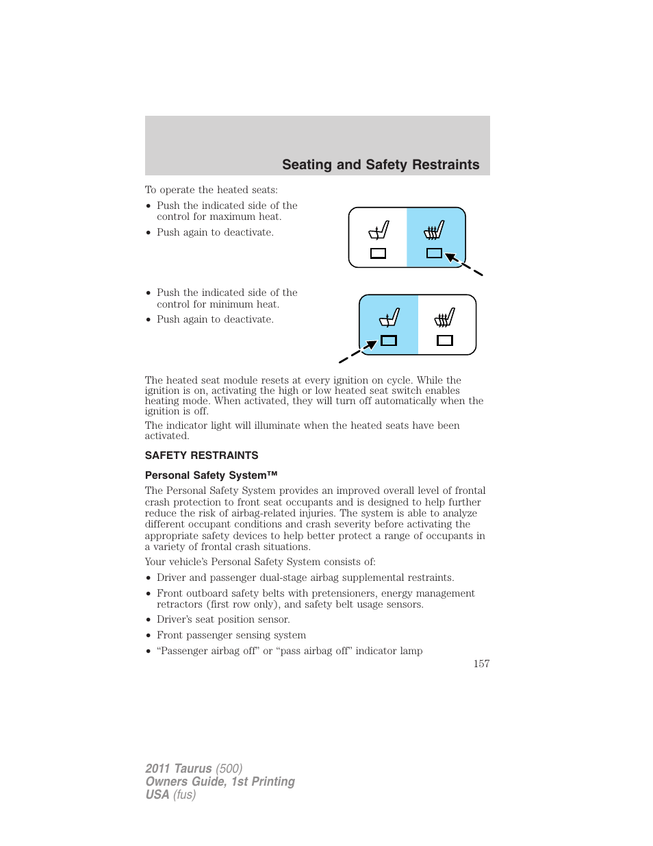 Safety restraints, Personal safety system, Seating and safety restraints | FORD 2011 Taurus v.1 User Manual | Page 157 / 406