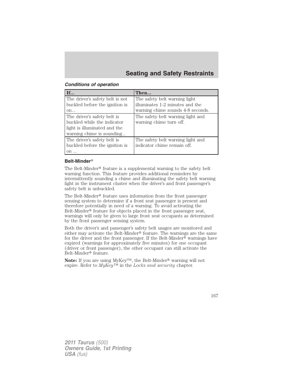 Conditions of operation, Belt-minder, Seating and safety restraints | FORD 2011 Taurus v.1 User Manual | Page 167 / 406