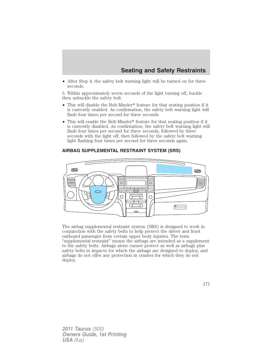 Airbag supplemental restraint system (srs), Airbags, Seating and safety restraints | FORD 2011 Taurus v.1 User Manual | Page 171 / 406