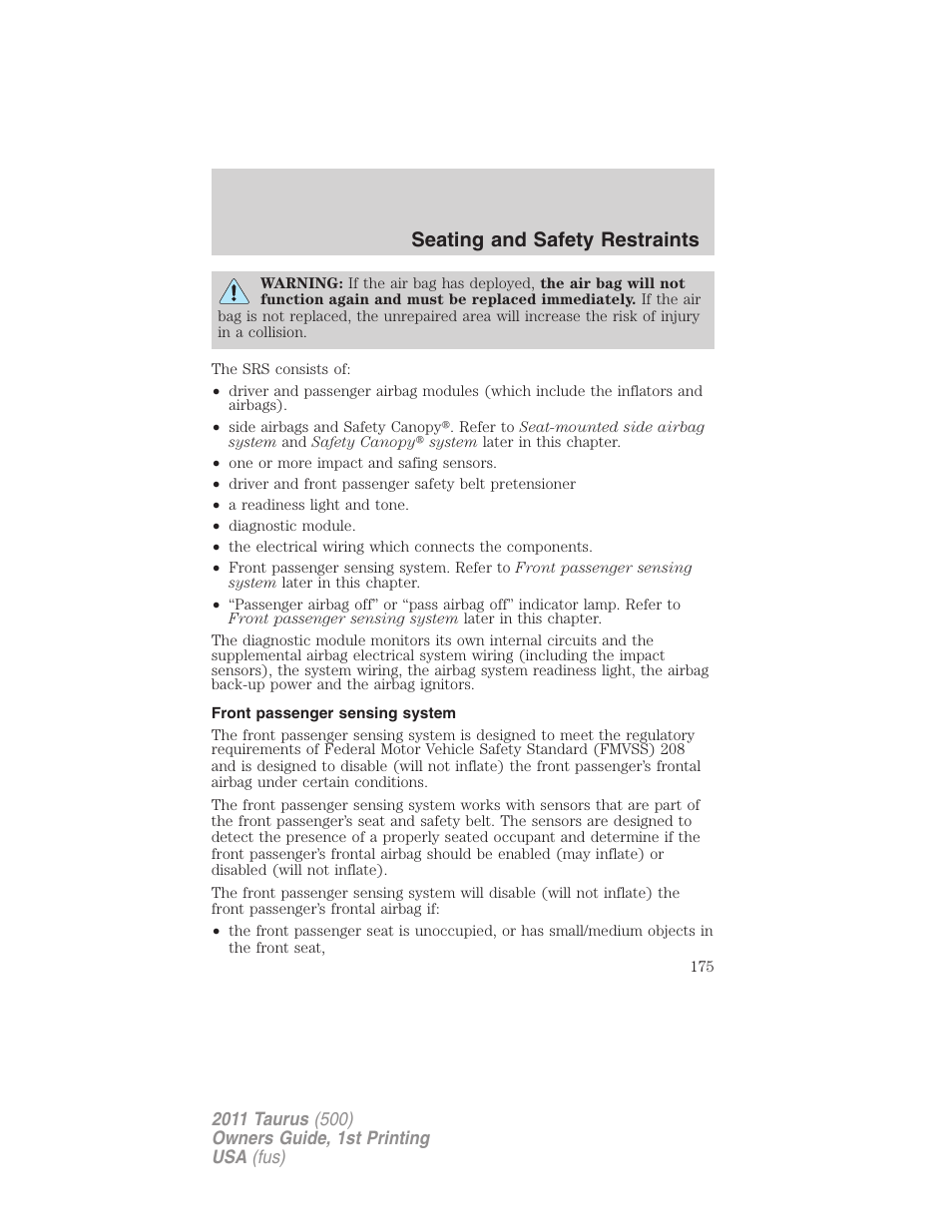 Front passenger sensing system, Seating and safety restraints | FORD 2011 Taurus v.1 User Manual | Page 175 / 406