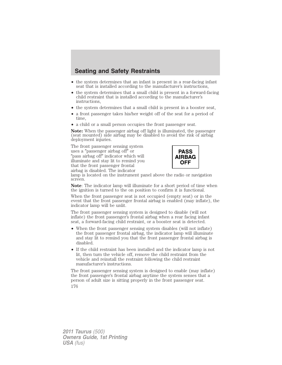 Seating and safety restraints | FORD 2011 Taurus v.1 User Manual | Page 176 / 406