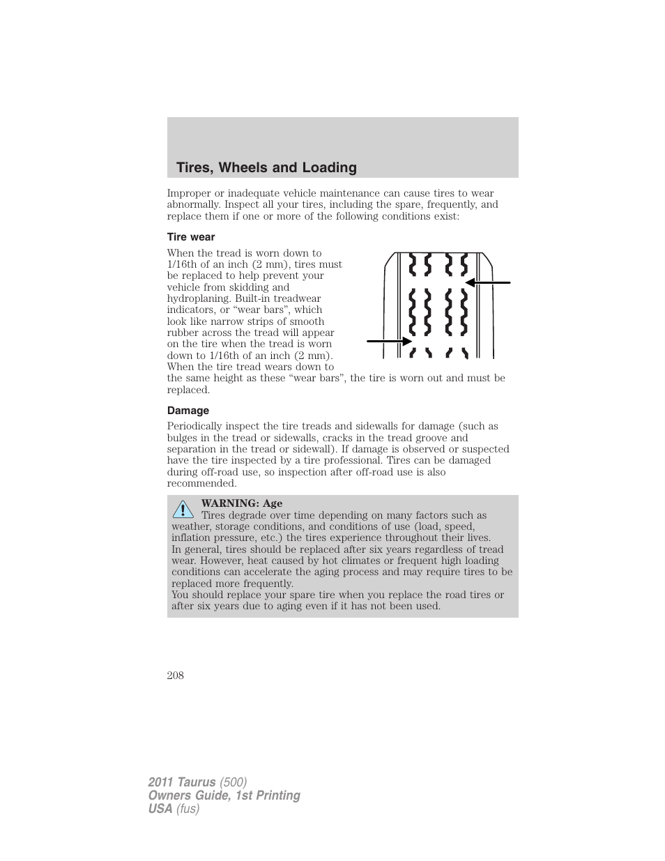 Tire wear, Damage, Tires, wheels and loading | FORD 2011 Taurus v.1 User Manual | Page 208 / 406