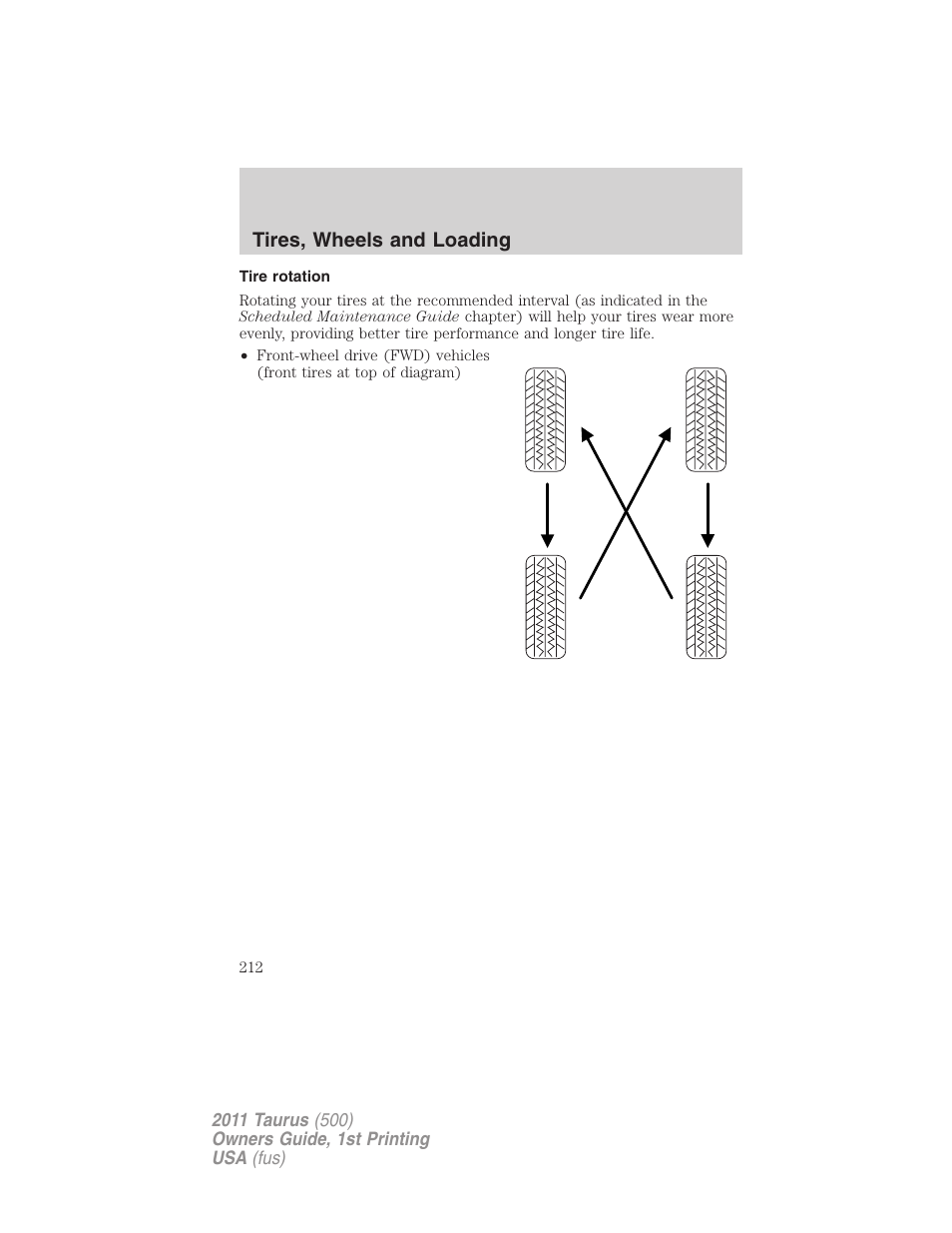 Tire rotation, Tires, wheels and loading | FORD 2011 Taurus v.1 User Manual | Page 212 / 406