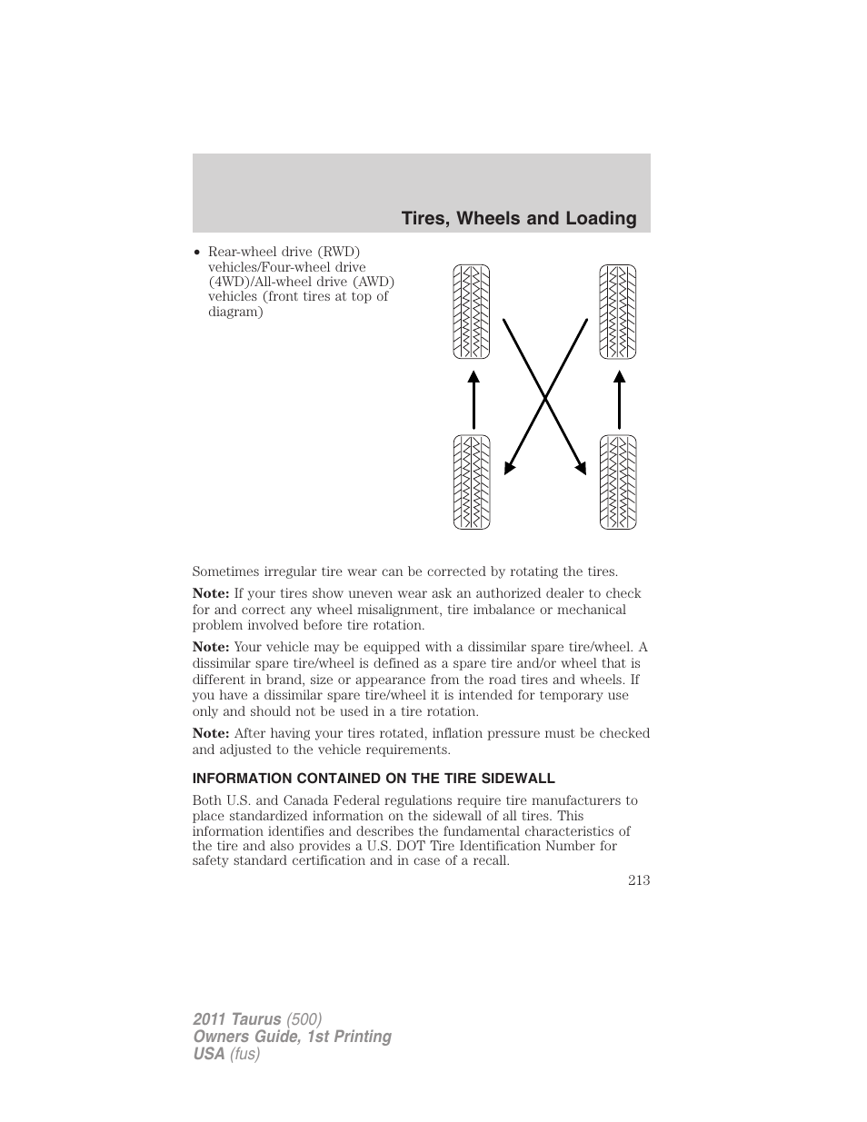 Information contained on the tire sidewall, Tires, wheels and loading | FORD 2011 Taurus v.1 User Manual | Page 213 / 406