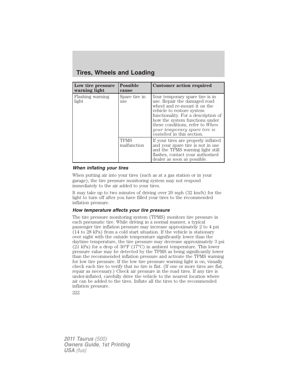 When inflating your tires, How temperature affects your tire pressure, Tires, wheels and loading | FORD 2011 Taurus v.1 User Manual | Page 222 / 406