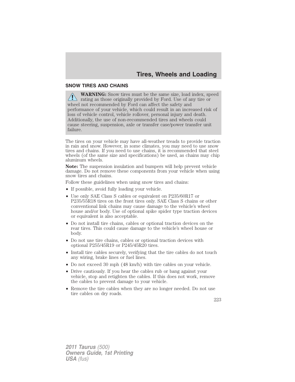 Snow tires and chains, Tires, wheels and loading | FORD 2011 Taurus v.1 User Manual | Page 223 / 406