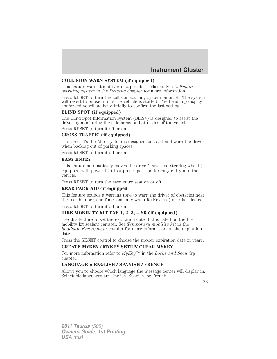 Instrument cluster | FORD 2011 Taurus v.1 User Manual | Page 23 / 406