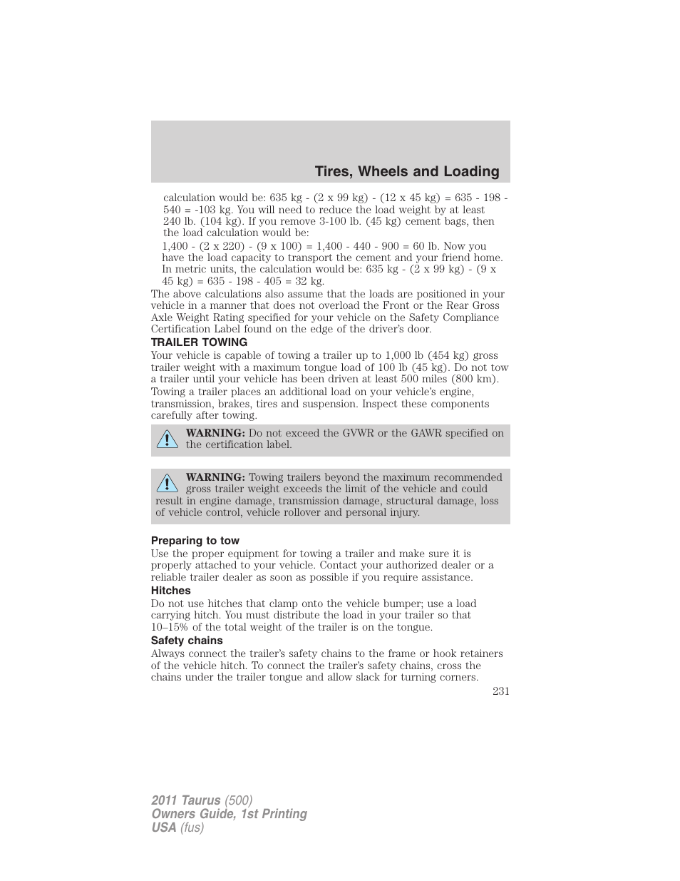 Trailer towing, Preparing to tow, Hitches | Safety chains, Tires, wheels and loading | FORD 2011 Taurus v.1 User Manual | Page 231 / 406