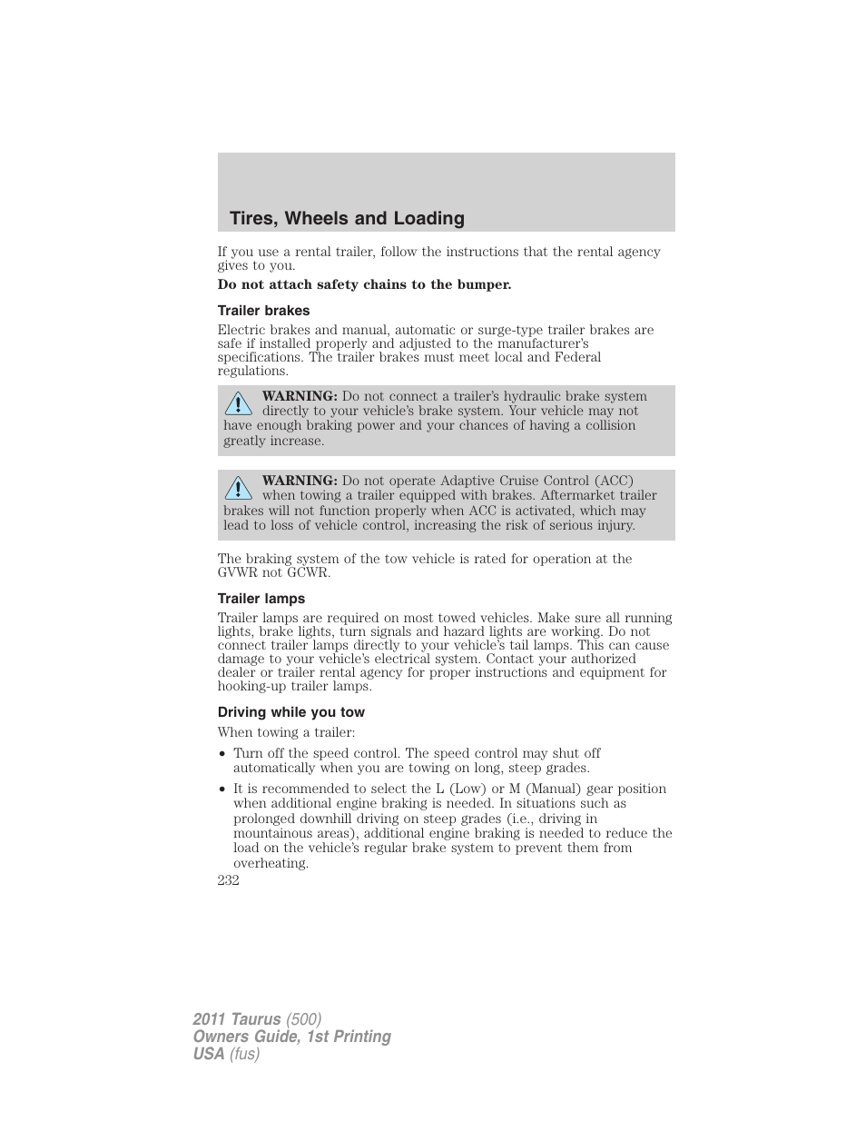Trailer brakes, Trailer lamps, Driving while you tow | Tires, wheels and loading | FORD 2011 Taurus v.1 User Manual | Page 232 / 406