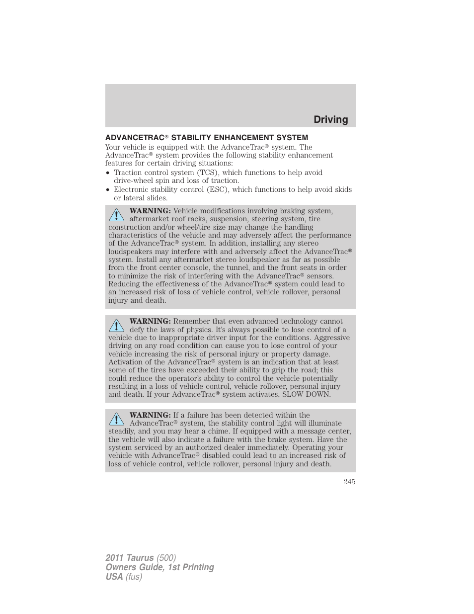 Advancetrac stability enhancement system, Advancetrac, Driving | FORD 2011 Taurus v.1 User Manual | Page 245 / 406