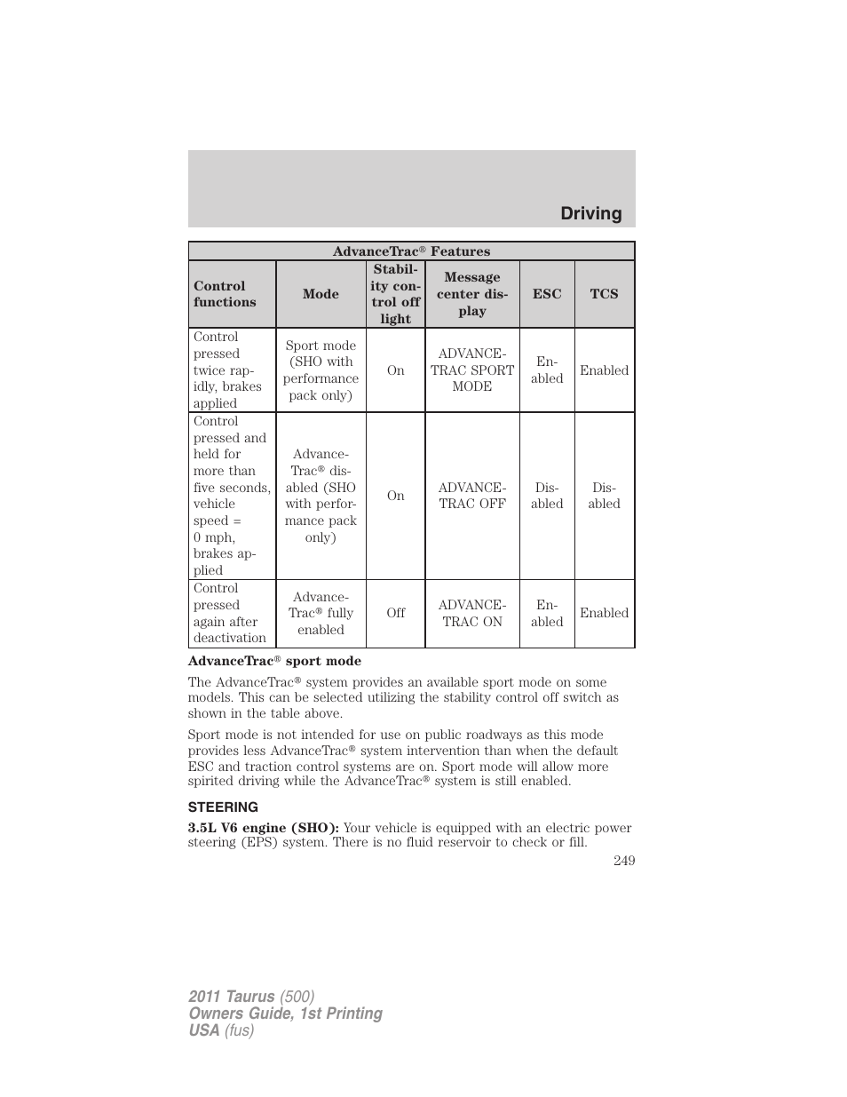 Steering, Driving | FORD 2011 Taurus v.1 User Manual | Page 249 / 406