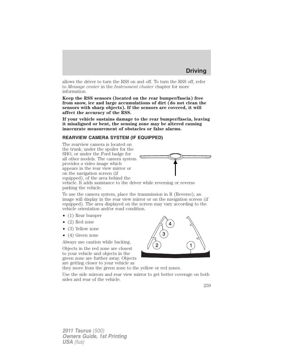 Rearview camera system (if equipped), Rear-view camera system, Driving | FORD 2011 Taurus v.1 User Manual | Page 259 / 406