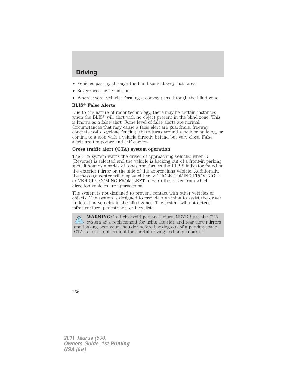 Driving | FORD 2011 Taurus v.1 User Manual | Page 266 / 406