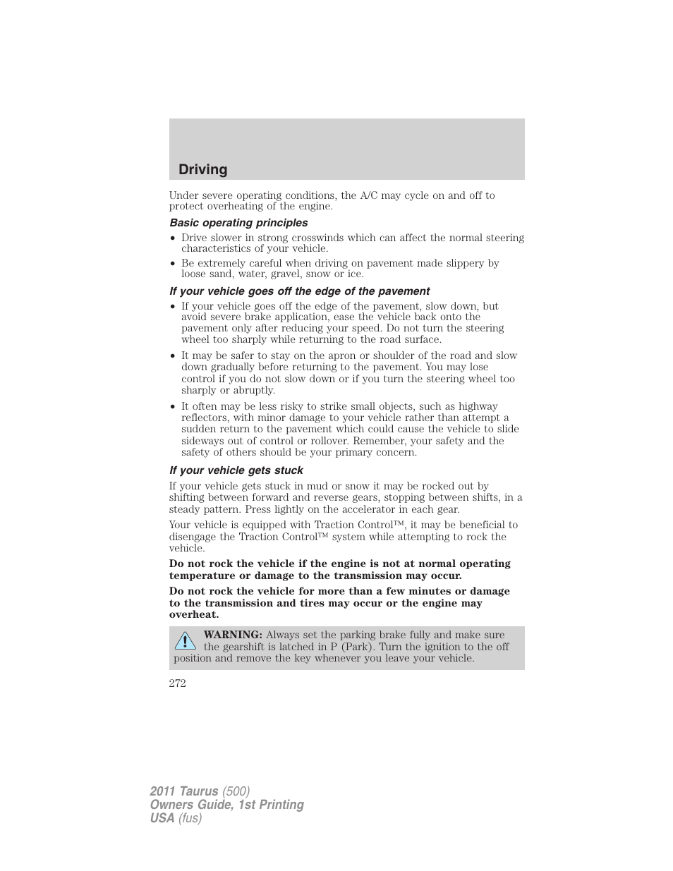 Basic operating principles, If your vehicle goes off the edge of the pavement, If your vehicle gets stuck | Driving | FORD 2011 Taurus v.1 User Manual | Page 272 / 406