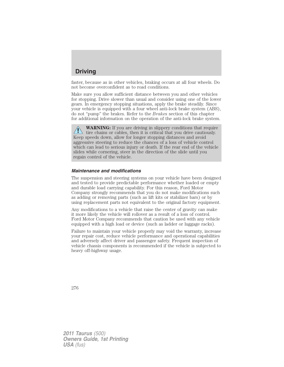 Maintenance and modifications, Driving | FORD 2011 Taurus v.1 User Manual | Page 276 / 406