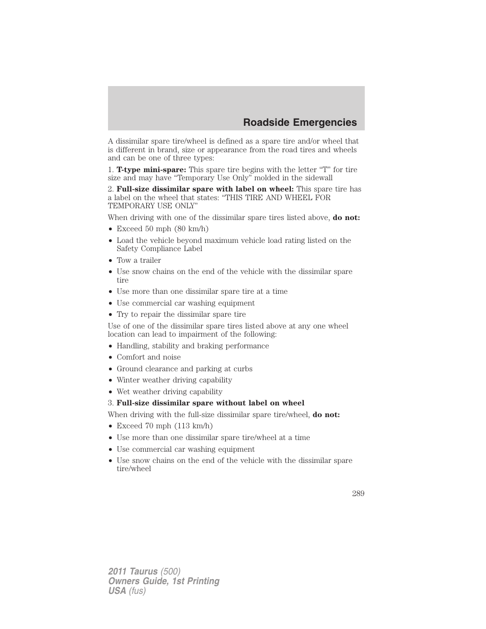 Roadside emergencies | FORD 2011 Taurus v.1 User Manual | Page 289 / 406