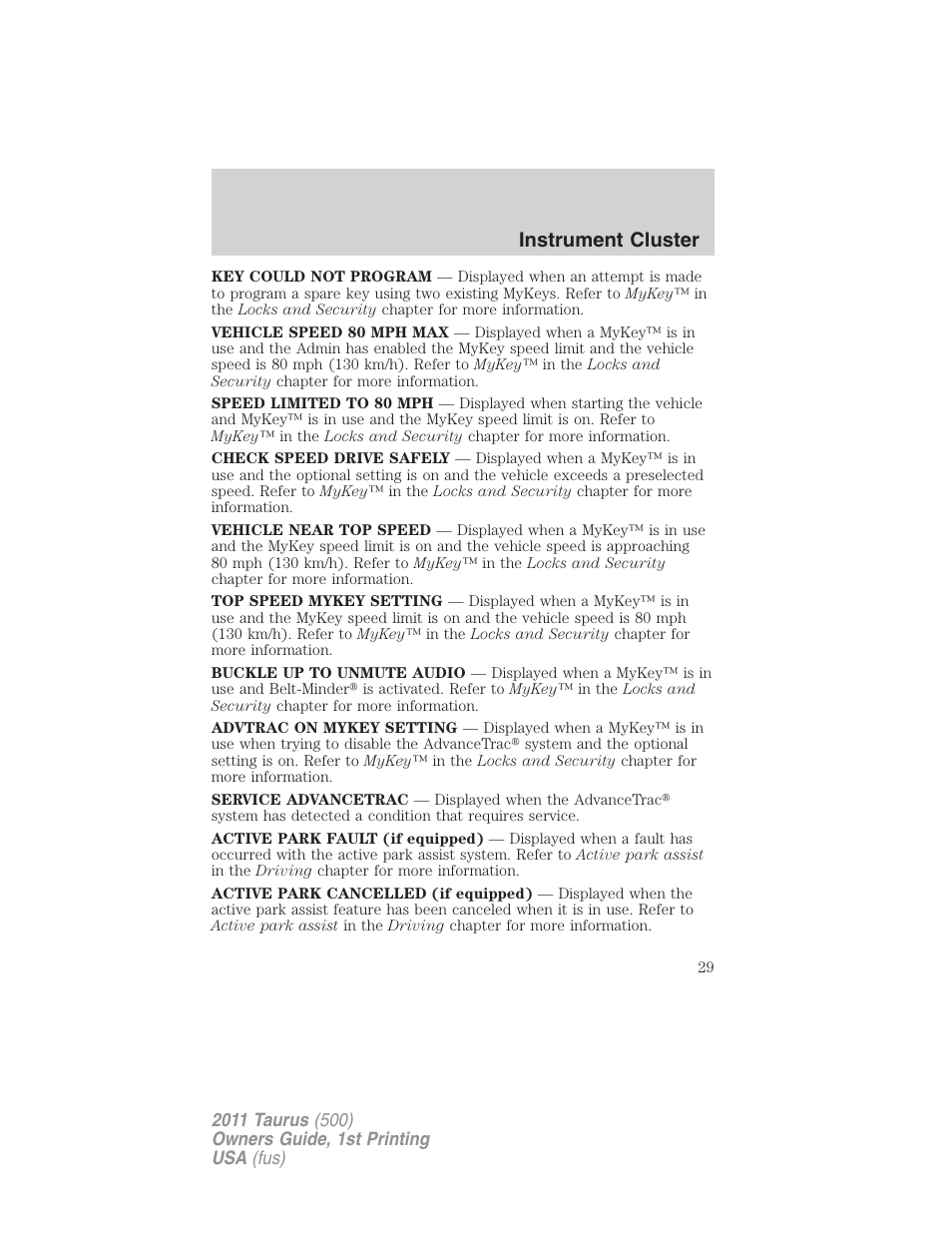 Instrument cluster | FORD 2011 Taurus v.1 User Manual | Page 29 / 406