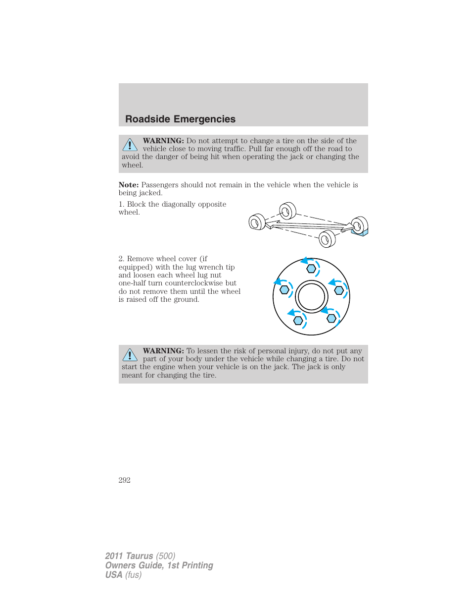 Roadside emergencies | FORD 2011 Taurus v.1 User Manual | Page 292 / 406