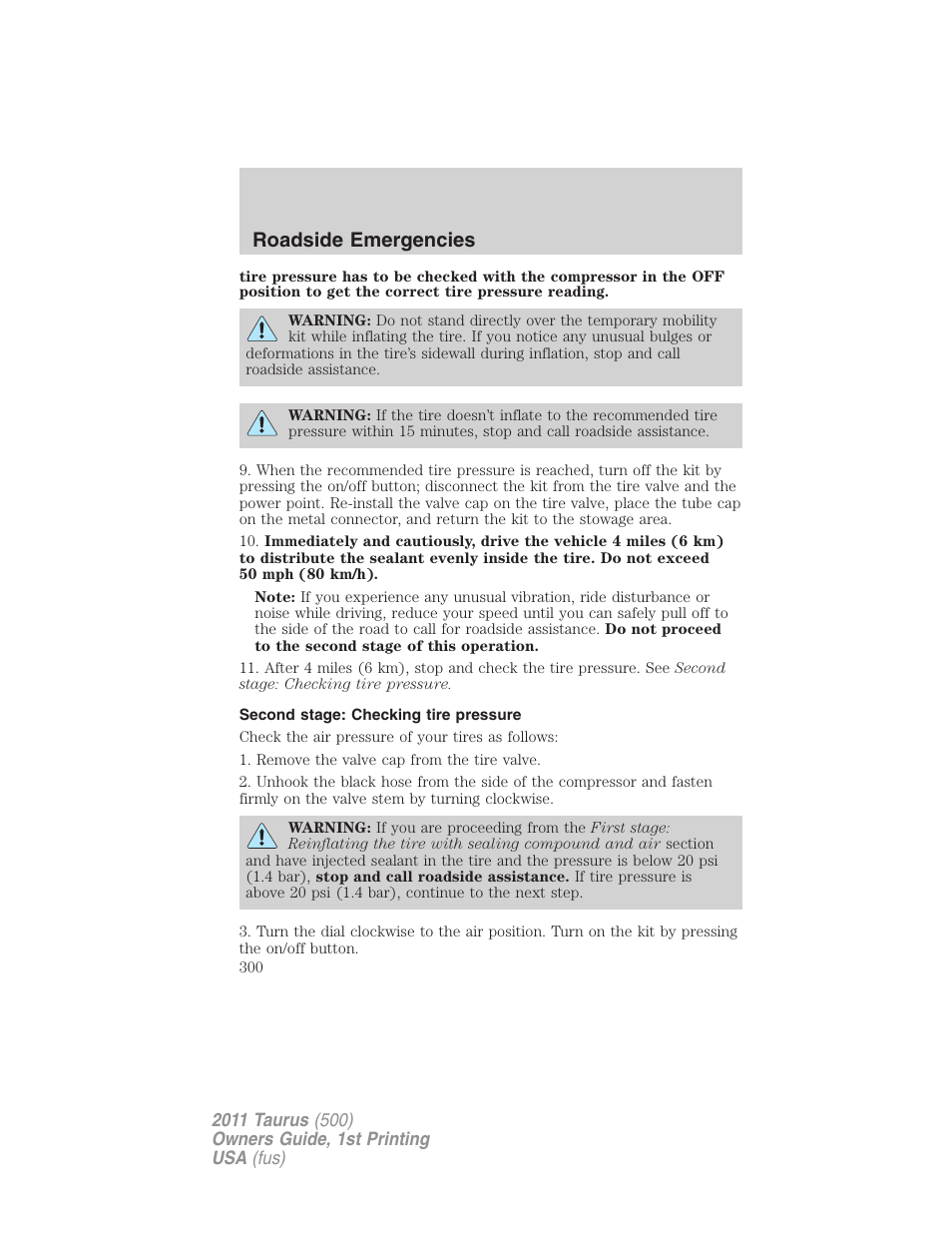 Second stage: checking tire pressure, Roadside emergencies | FORD 2011 Taurus v.1 User Manual | Page 300 / 406