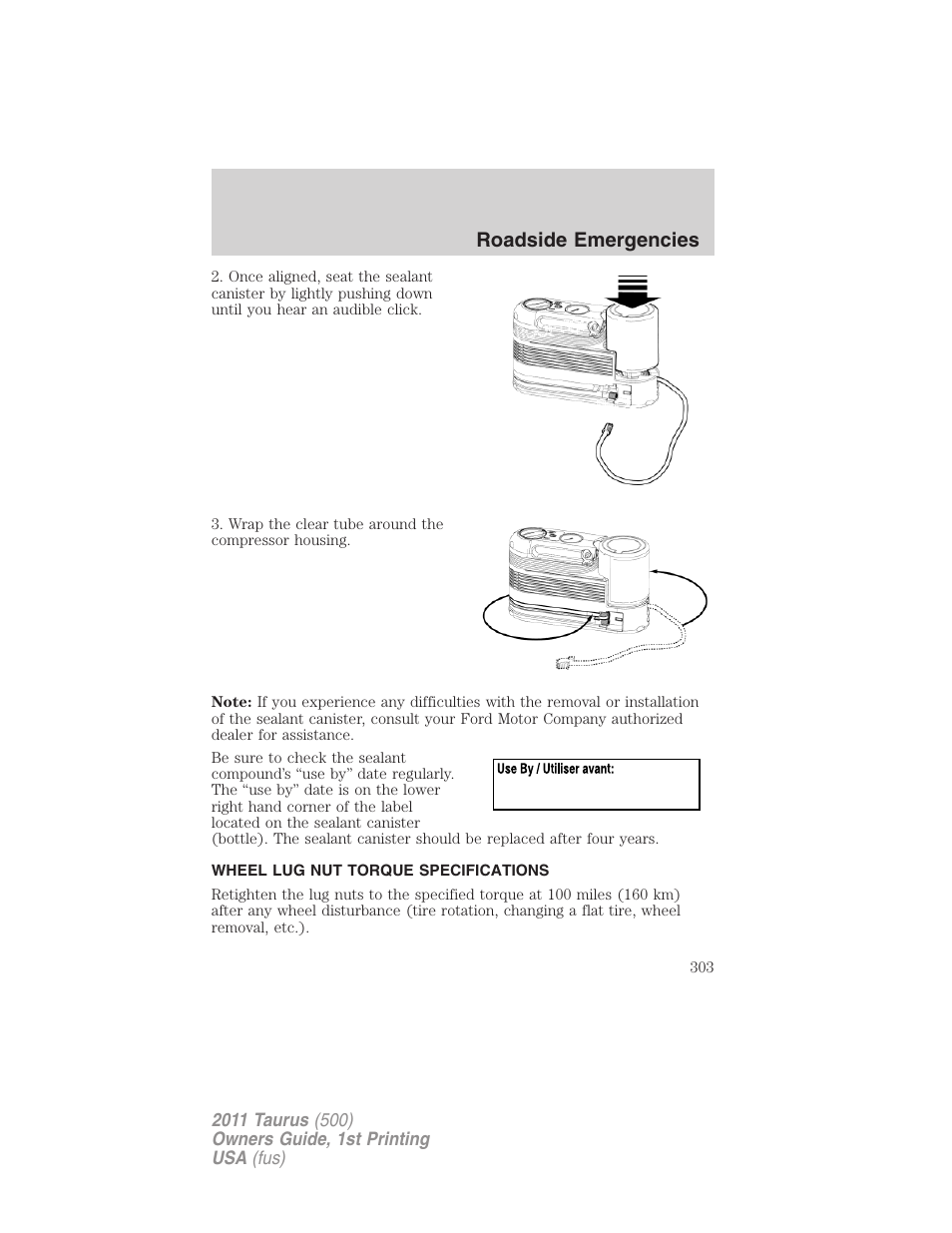 Wheel lug nut torque specifications, Wheel lug nut torque, Roadside emergencies | FORD 2011 Taurus v.1 User Manual | Page 303 / 406