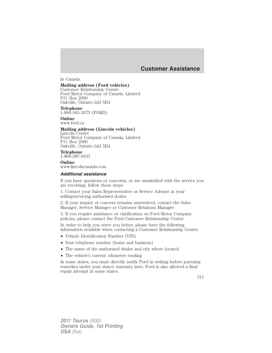 Additional assistance, Customer assistance | FORD 2011 Taurus v.1 User Manual | Page 311 / 406