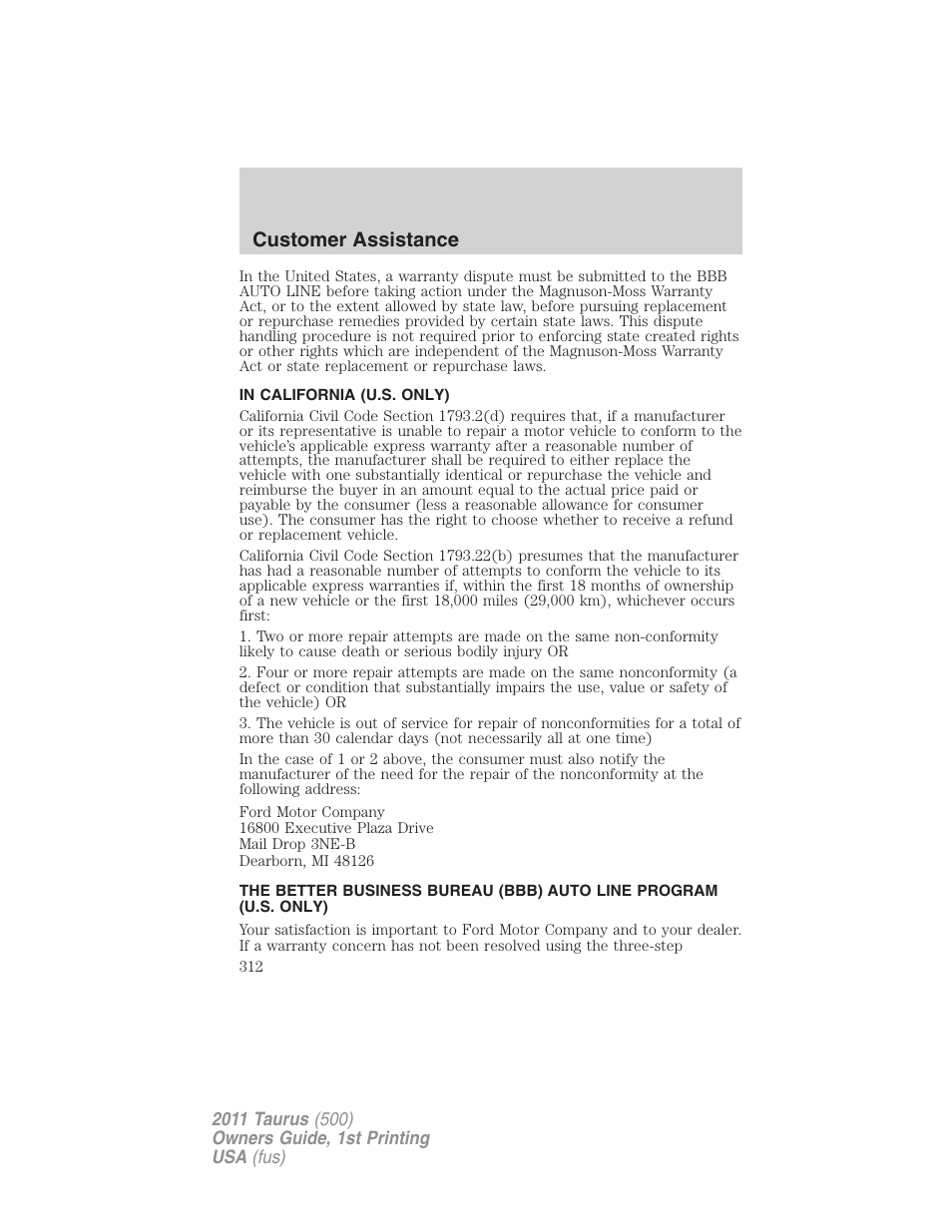 In california (u.s. only), Customer assistance | FORD 2011 Taurus v.1 User Manual | Page 312 / 406