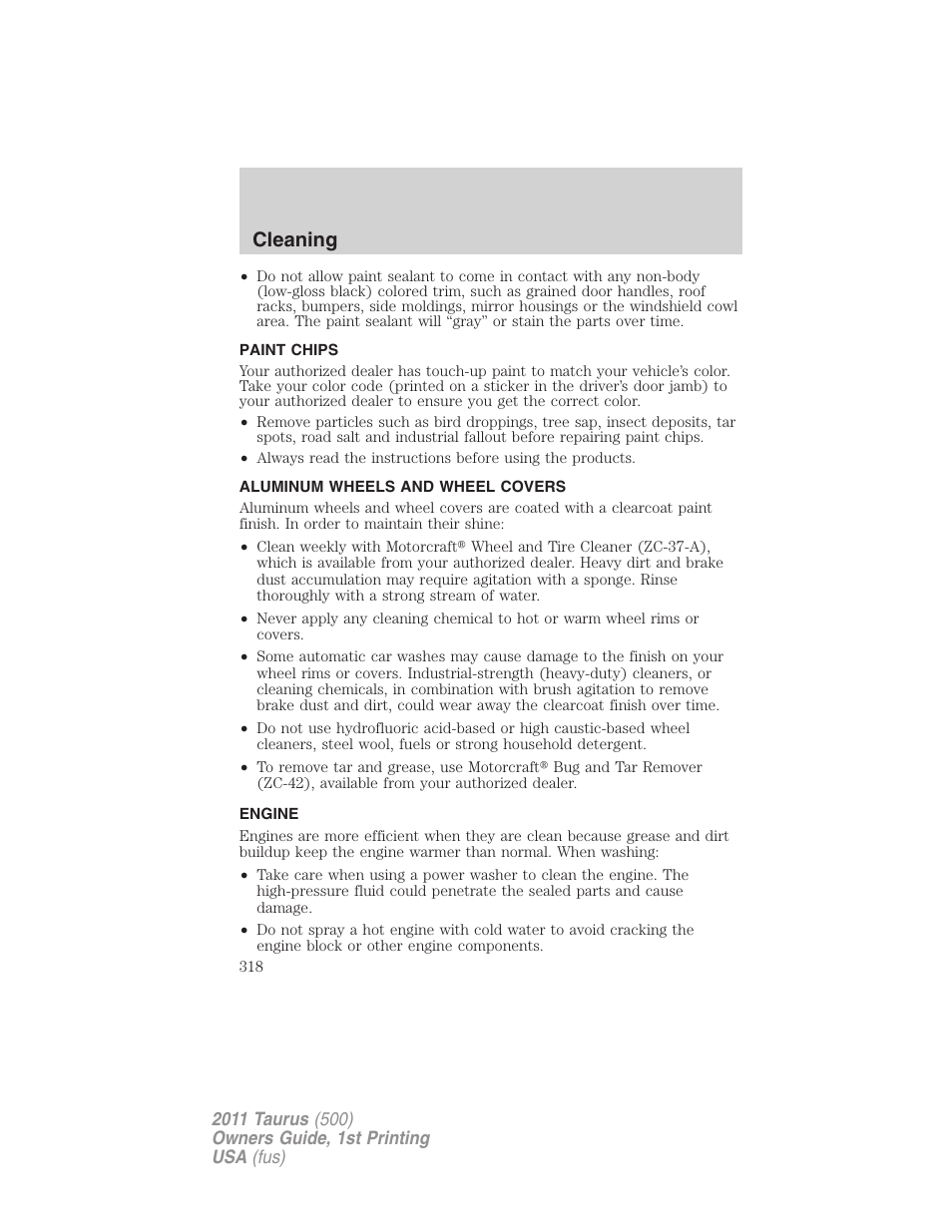 Paint chips, Aluminum wheels and wheel covers, Engine | Cleaning | FORD 2011 Taurus v.1 User Manual | Page 318 / 406