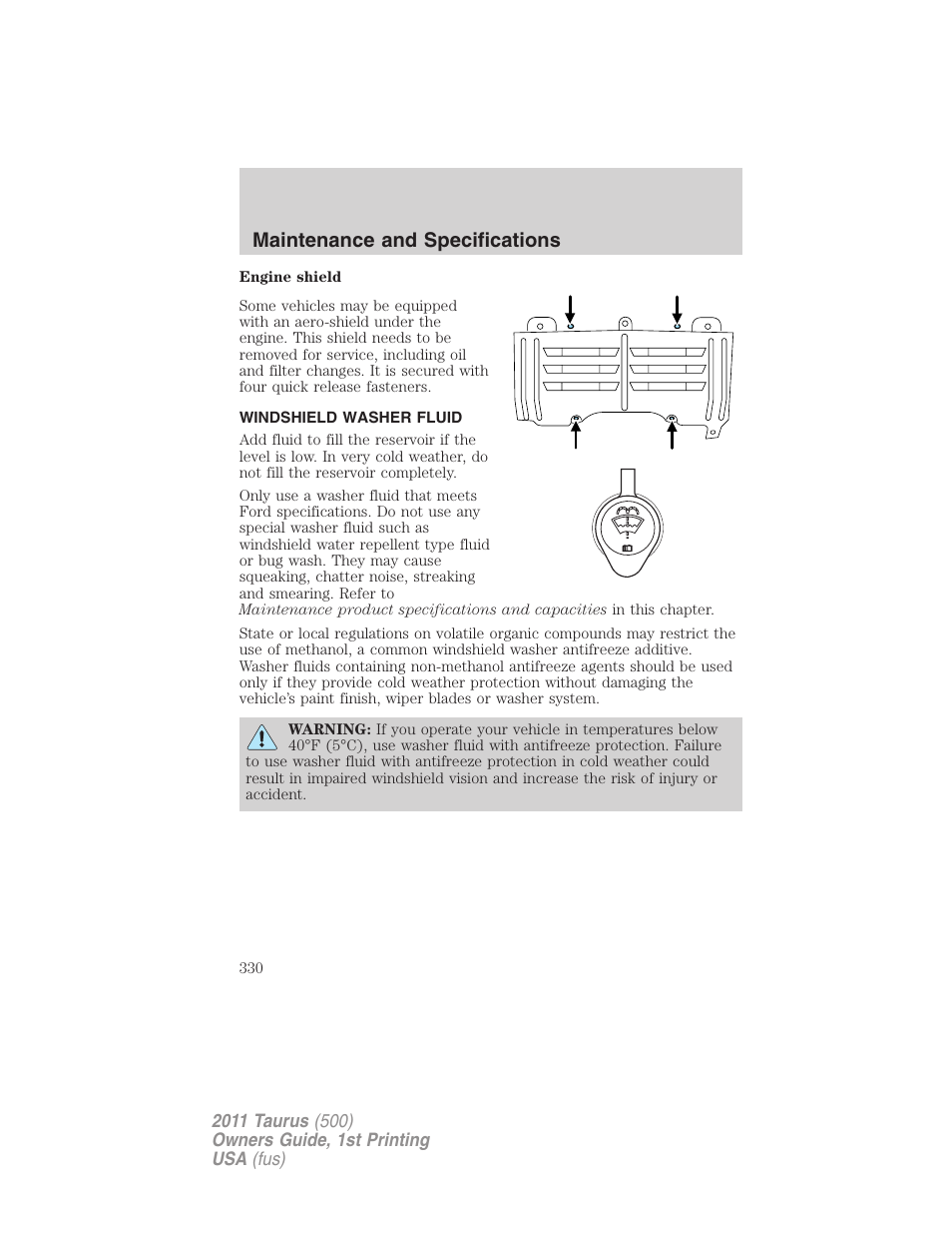 Windshield washer fluid, Maintenance and specifications | FORD 2011 Taurus v.1 User Manual | Page 330 / 406