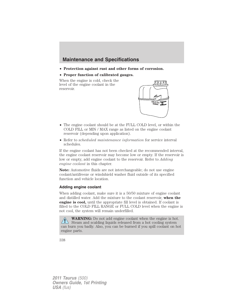 Adding engine coolant, Maintenance and specifications | FORD 2011 Taurus v.1 User Manual | Page 338 / 406