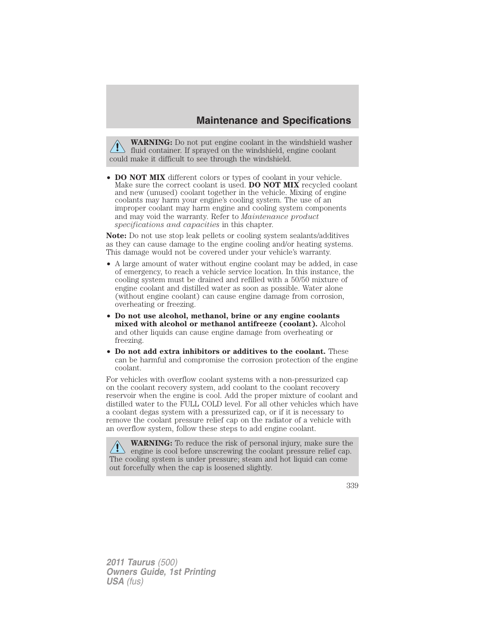 Maintenance and specifications | FORD 2011 Taurus v.1 User Manual | Page 339 / 406